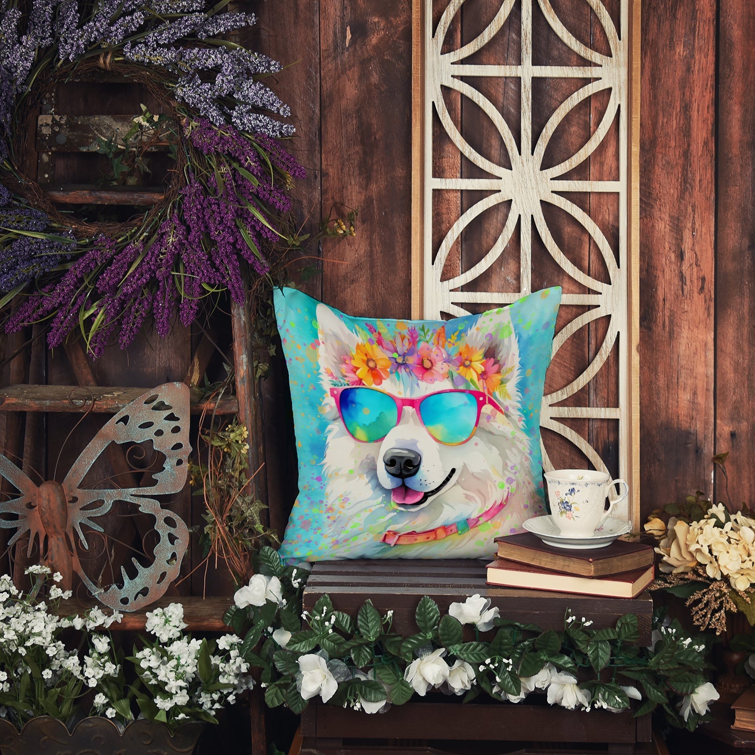 Samoyed Hippie Dawg Decorative Throw Pillow 14x14 Indoor Outdoor Accent Cushion, Fabric Cover with Insert for Sofa, Bed, Porch & Living Room