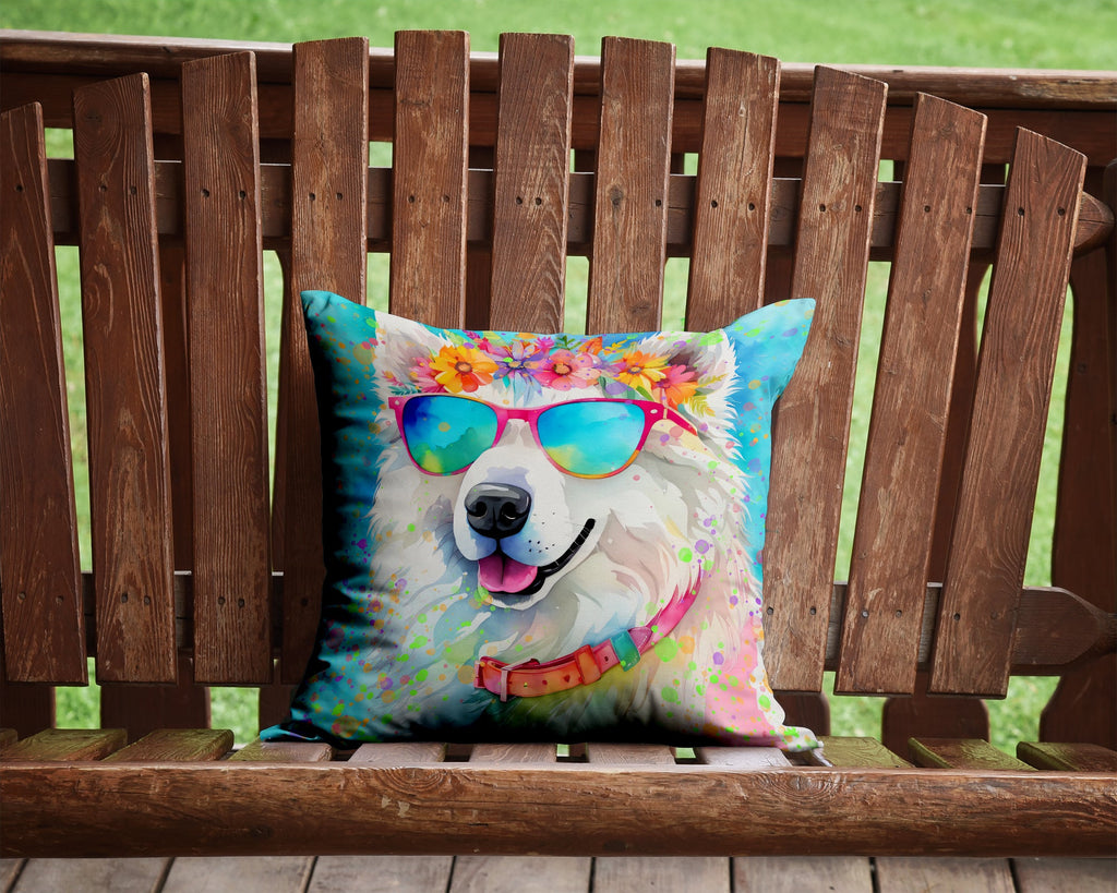Samoyed Hippie Dawg Decorative Throw Pillow 14x14 Indoor Outdoor Accent Cushion, Fabric Cover with Insert for Sofa, Bed, Porch & Living Room