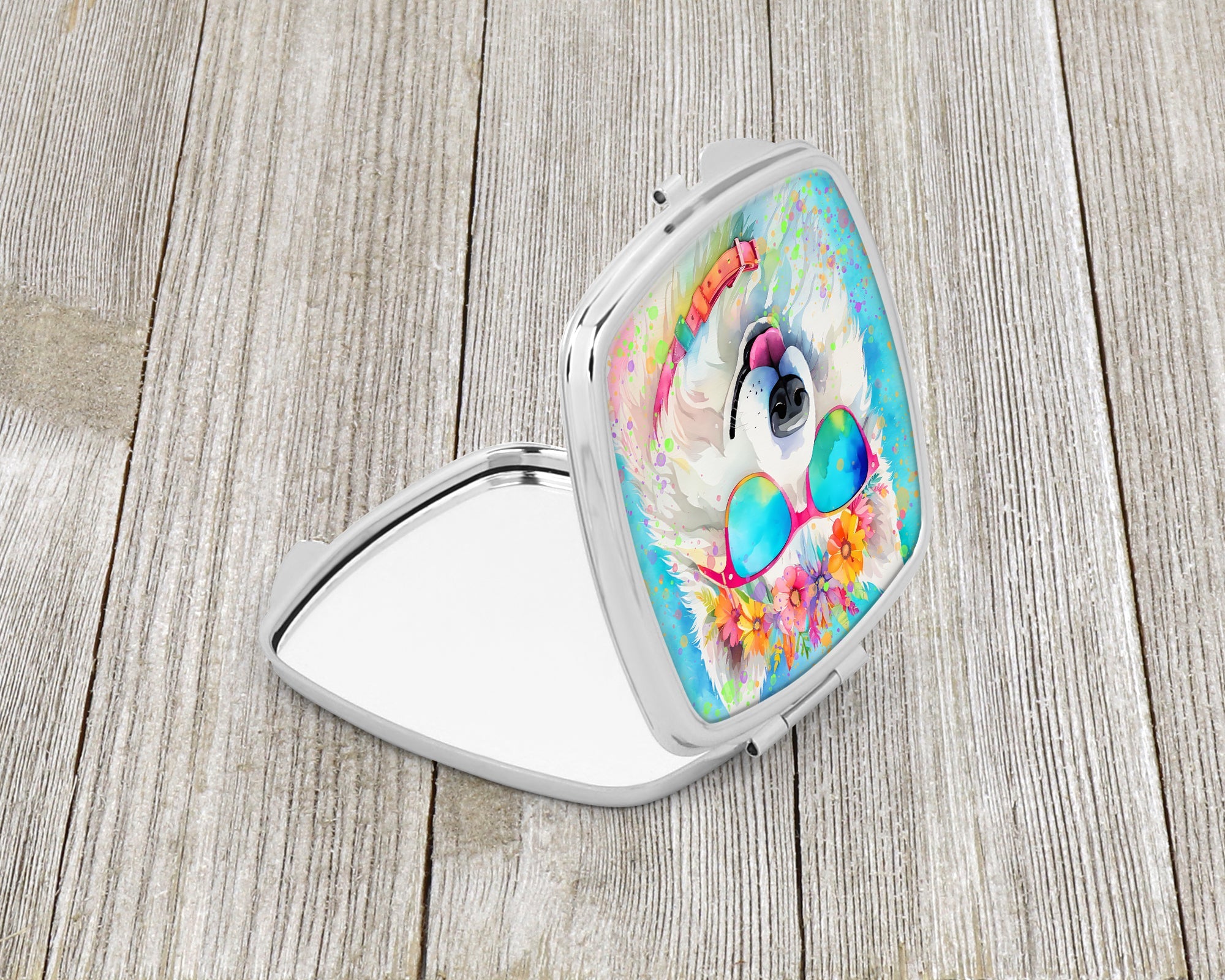 Samoyed Hippie Dawg Compact Mirror Decorative Travel Makeup Mirror for Women Girls Gifts Pocket Makeup Mirror Folding Handheld