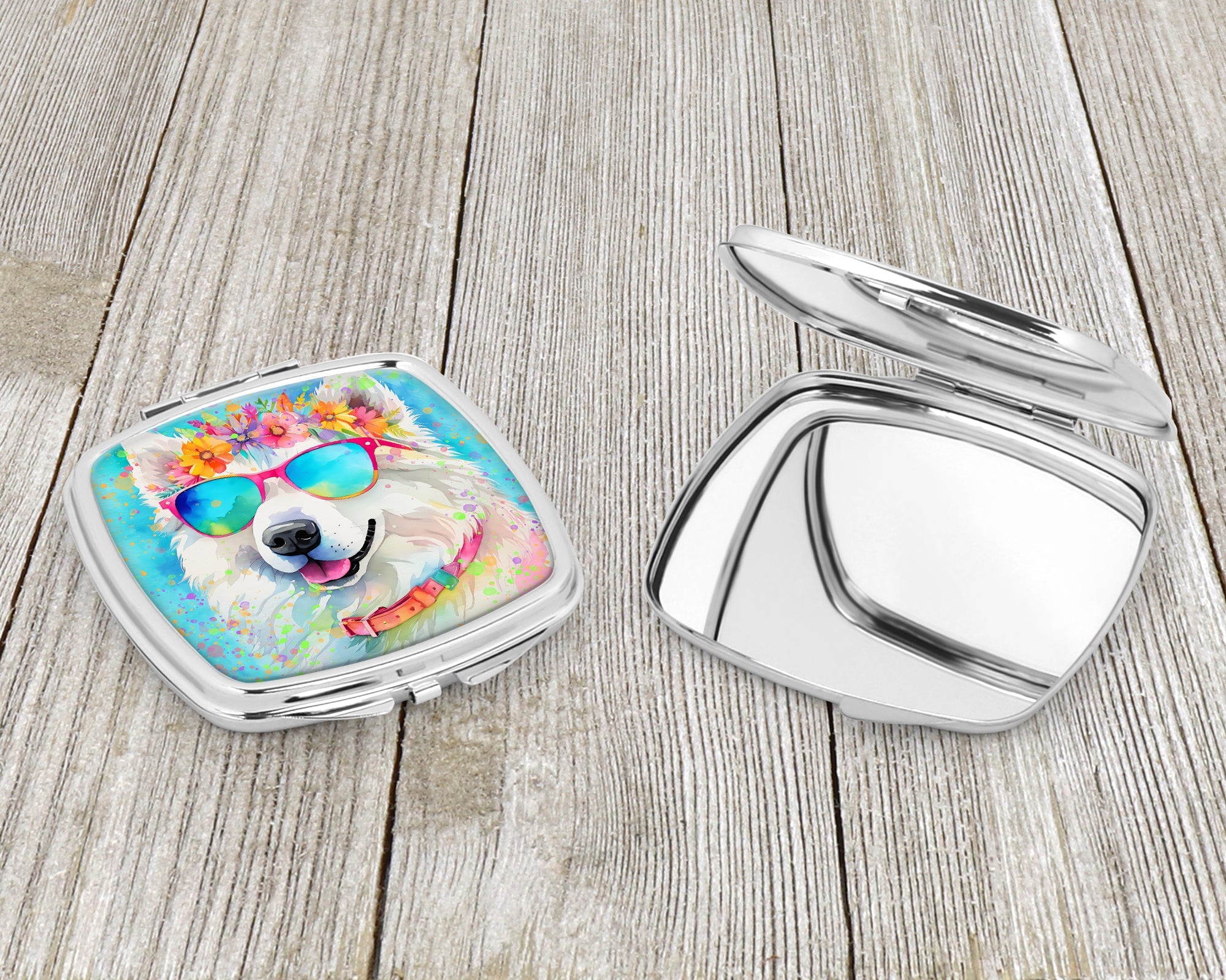 Samoyed Hippie Dawg Compact Mirror Decorative Travel Makeup Mirror for Women Girls Gifts Pocket Makeup Mirror Folding Handheld