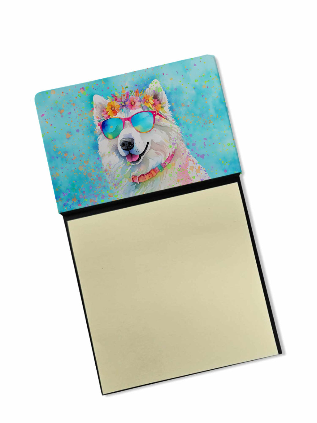 Samoyed Hippie Dawg Watercolor Sticky Note Holder Refillable Dispenser Desk Accessory 3x3 Pad Gift