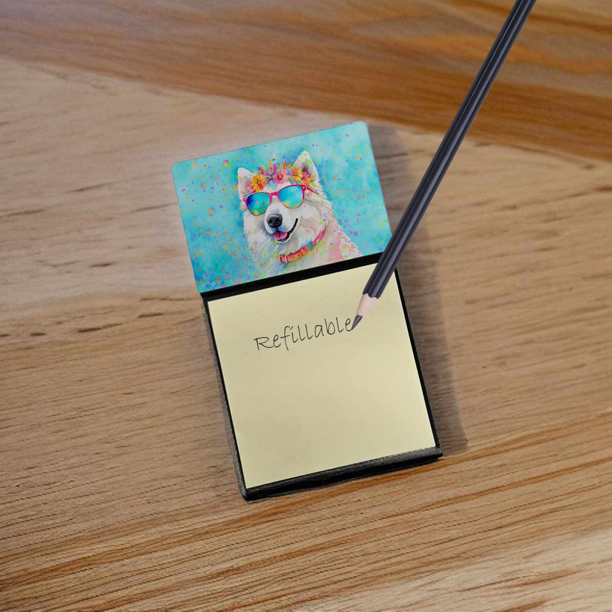 Samoyed Hippie Dawg Watercolor Sticky Note Holder Refillable Dispenser Desk Accessory 3x3 Pad Gift
