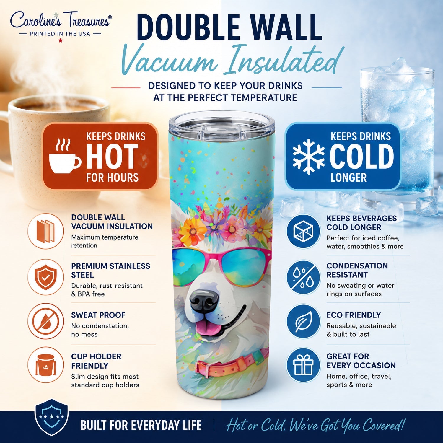 Samoyed Hippie Dawg Stainless Steel Skinny Tumbler 20 oz Vacuum Double Walled Reusable Insulated Travel Cup