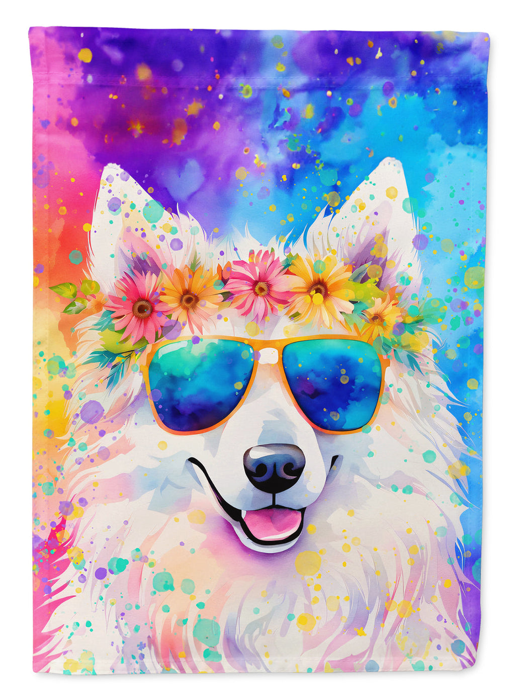 Samoyed Hippie Dawg House Flag 28x40 Porch Sleeve Pole Decorative Outside Yard Banner Artwork Wall Hanging, Polyester