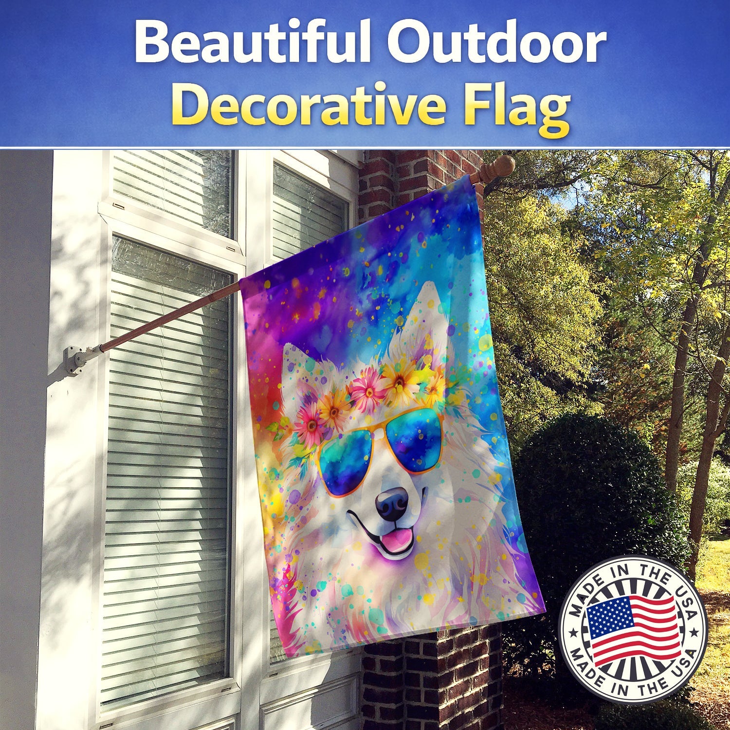 Samoyed Hippie Dawg House Flag 28x40 Porch Sleeve Pole Decorative Outside Yard Banner Artwork Wall Hanging, Polyester