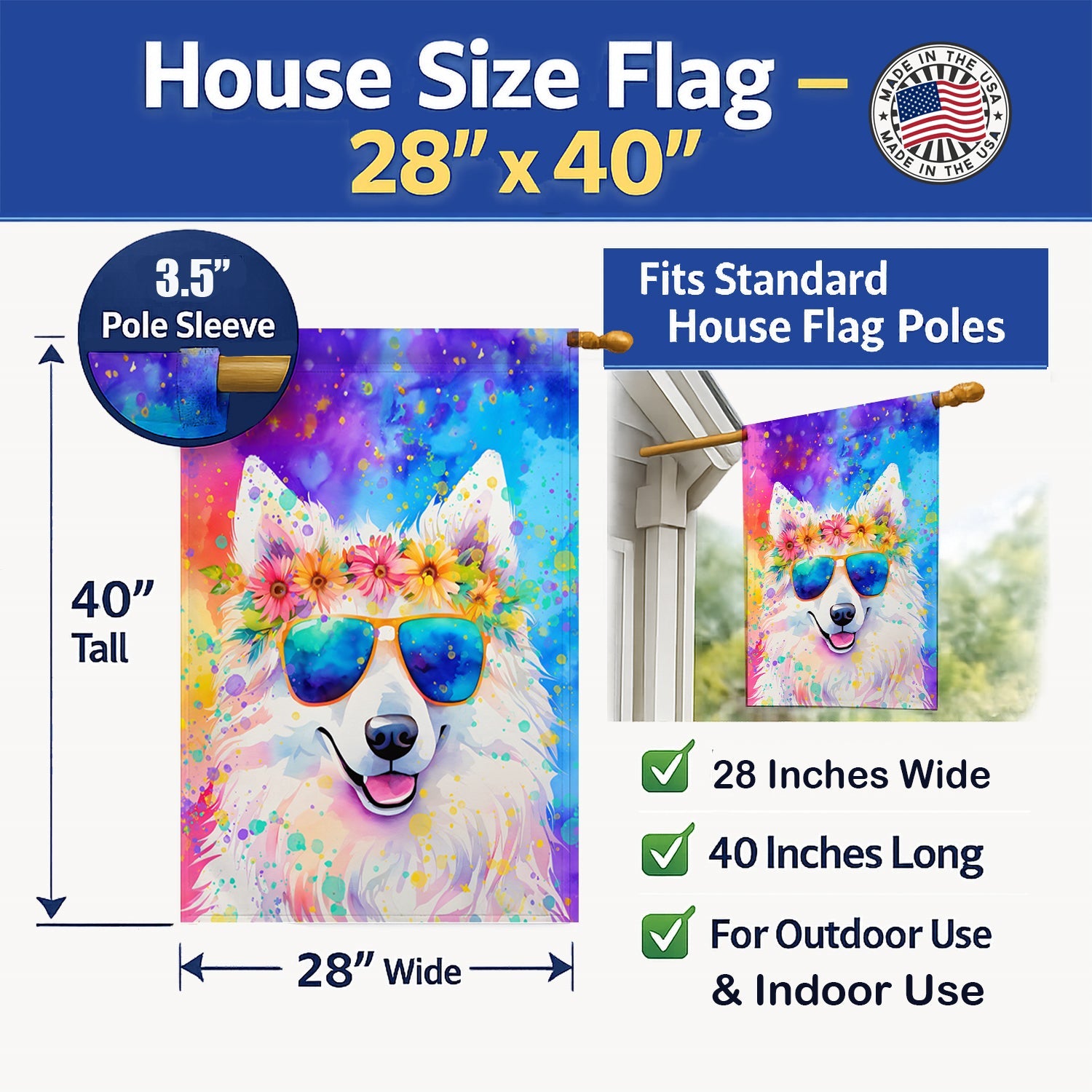 Samoyed Hippie Dawg House Flag 28x40 Porch Sleeve Pole Decorative Outside Yard Banner Artwork Wall Hanging, Polyester