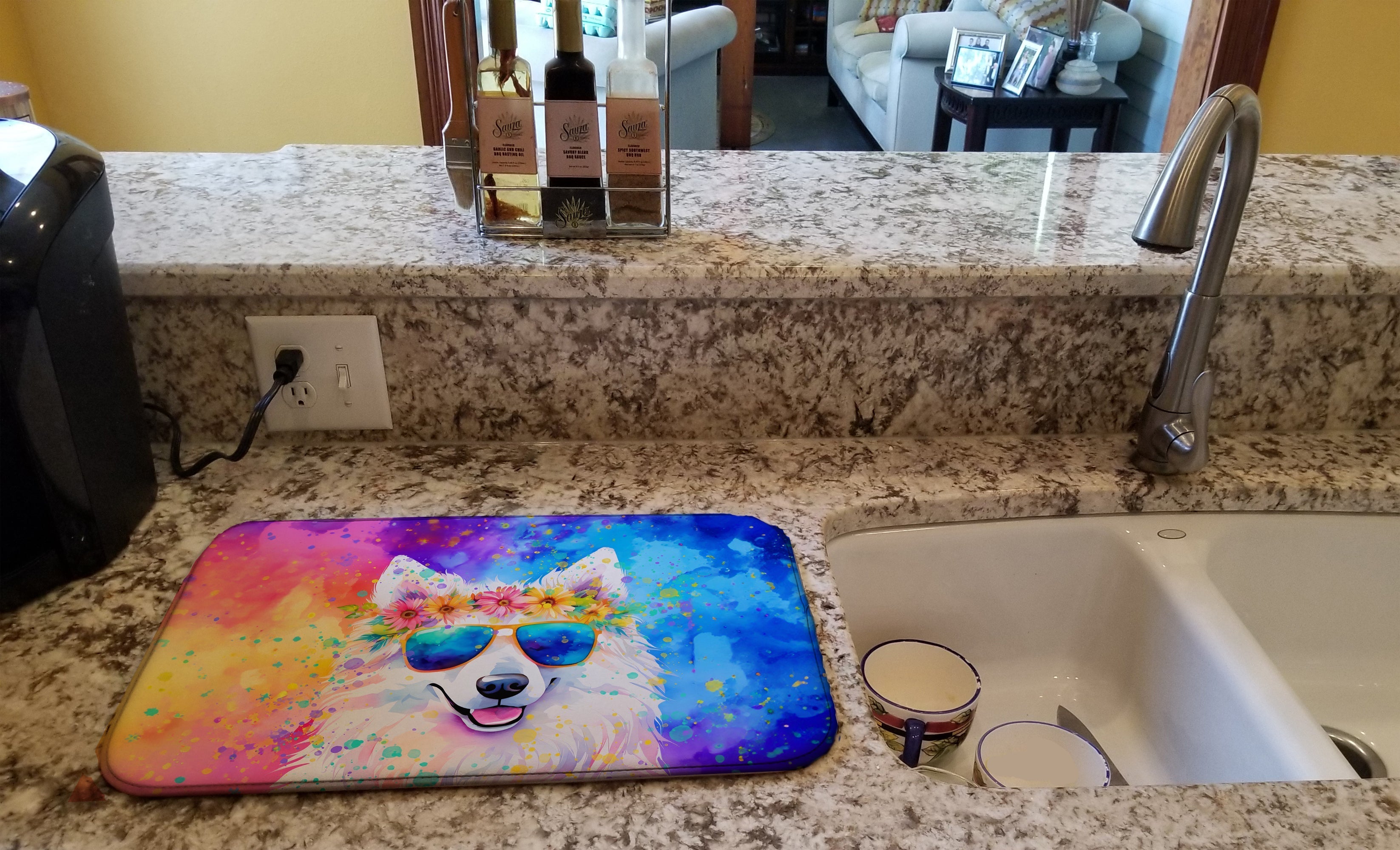 Samoyed Hippie Dawg Dish Drying Mat Absorbent Dish Drying Mat Pad for Kitchen Counter Dish Drainer Mat for Countertop, 14 x 21", Multicolor