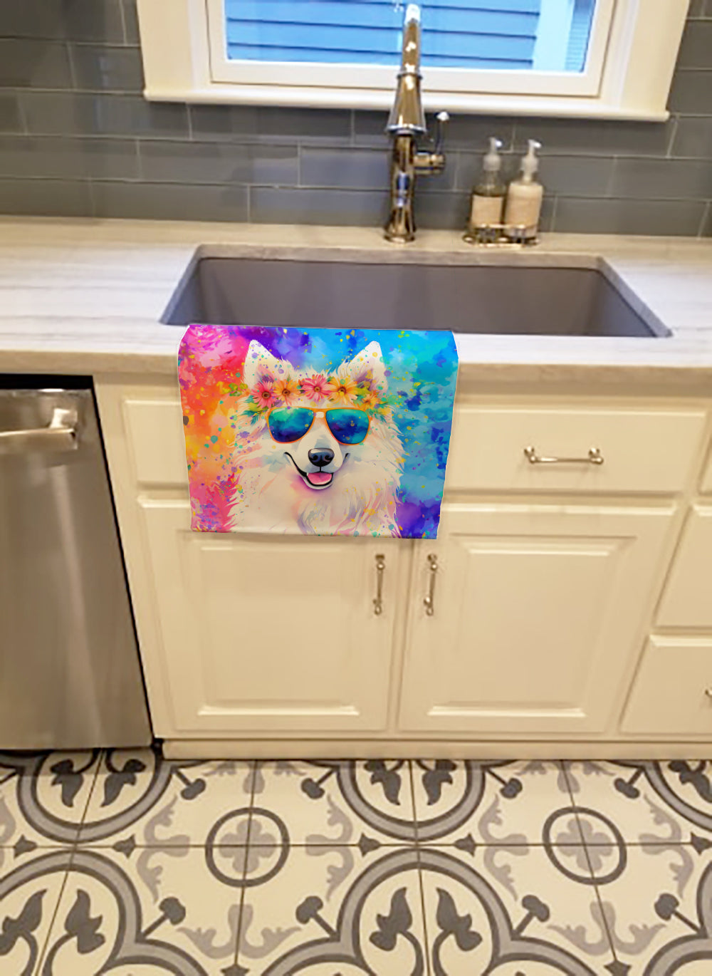 Samoyed Hippie Dawg Kitchen Towel Velour Plush Front and Cotton Loop Back Machine Washable