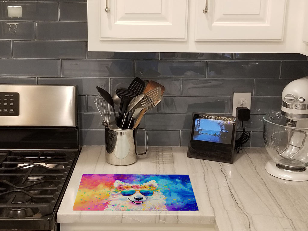 Samoyed Hippie Dawg Cutting Board Tempered Glass Kitchen Cutting Surface, Heat Resistant Chopping, Non-Slip Feet, Food Prep & Serving
