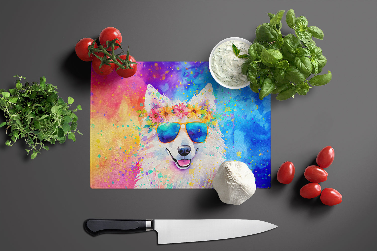 Samoyed Hippie Dawg Cutting Board Tempered Glass Kitchen Cutting Surface, Heat Resistant Chopping, Non-Slip Feet, Food Prep & Serving