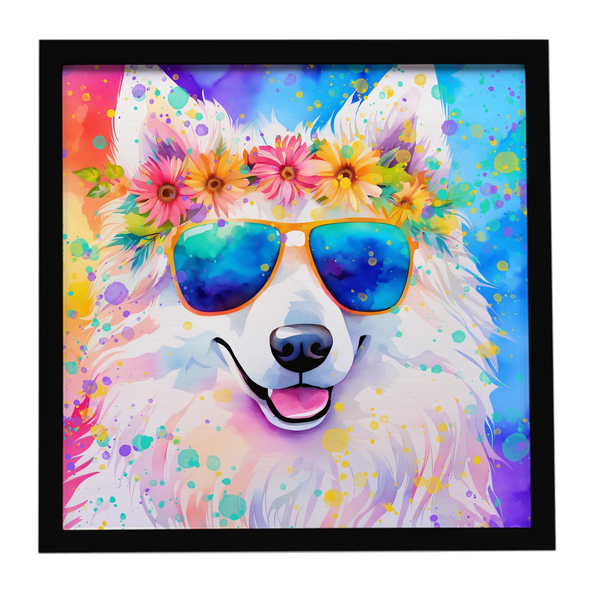 Samoyed Hippie Dawg Framed Metal Print Bathroom, Kitchen, Office, Home Decor Wall Art Ready to Hang, Square, 8X8