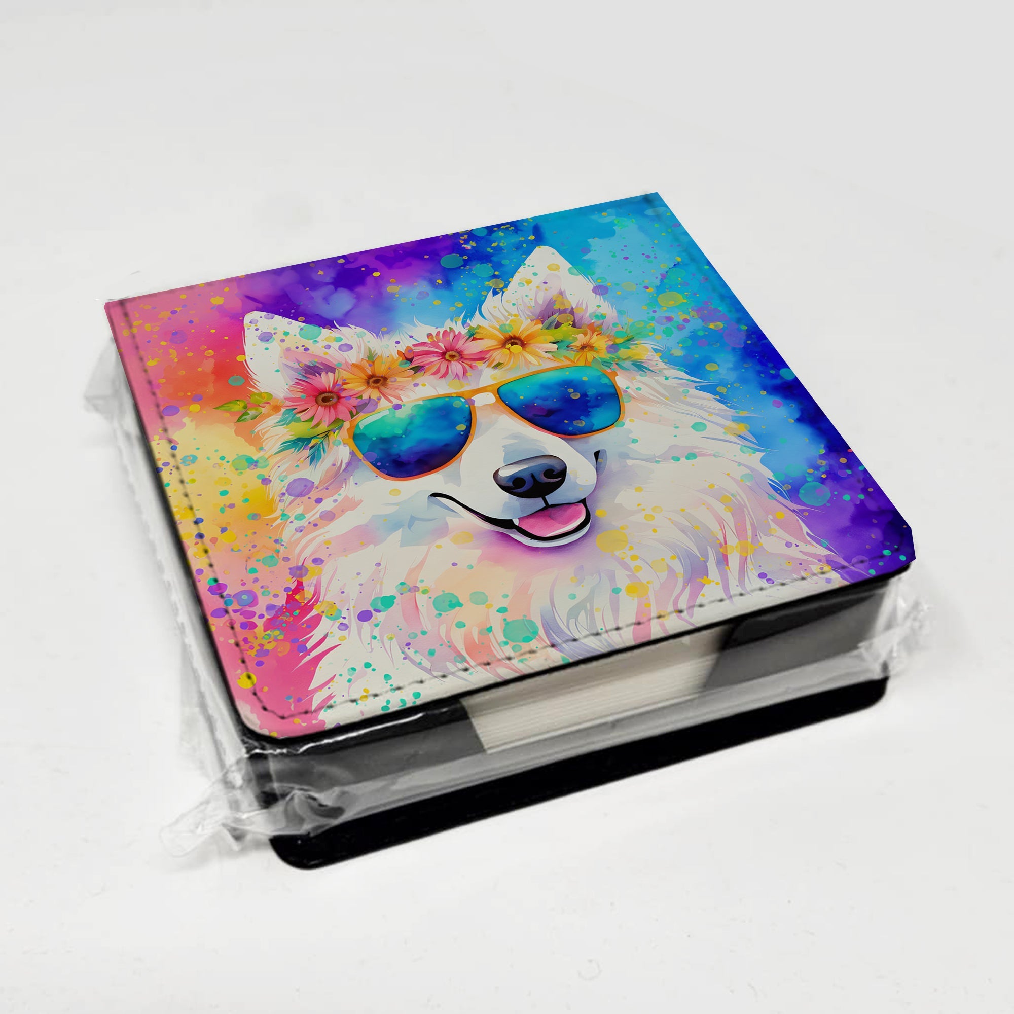 Samoyed Hippie Dawg PU Leather Note Paper Holder with Artist-Designed Cover, Desk Accessory, Office Gift