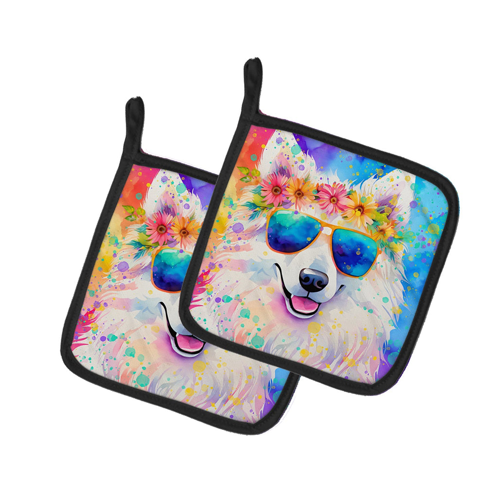 Samoyed Hippie Dawg Pot Holder Set of 2 Heat Resistant Quilted Hot Pads 7.5 x 7.5 Inch, Insulated Kitchen Trivets for Cooking & Baking