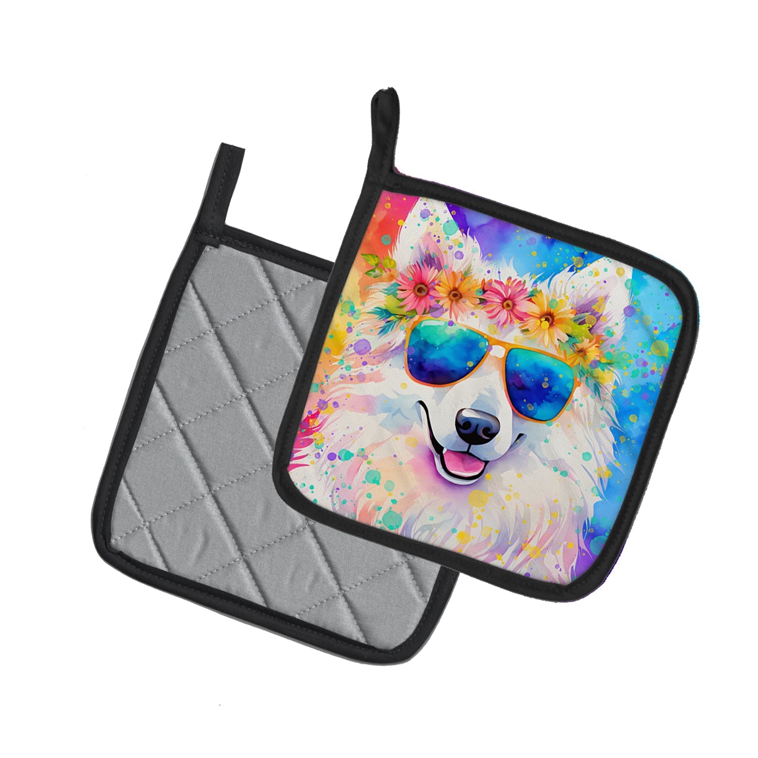 Samoyed Hippie Dawg Pot Holder Set of 2 Heat Resistant Quilted Hot Pads 7.5 x 7.5 Inch, Insulated Kitchen Trivets for Cooking & Baking