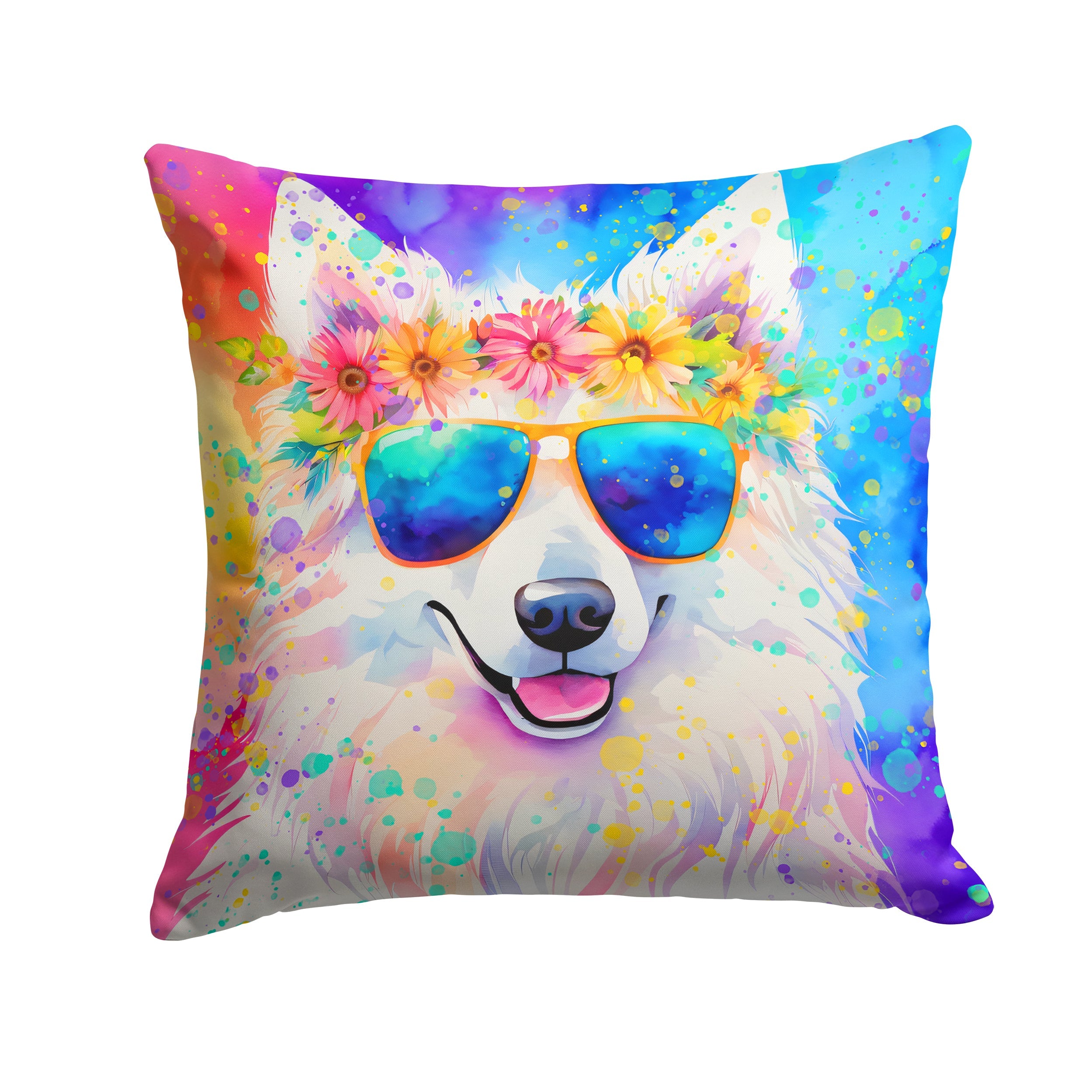 Samoyed Hippie Dawg Decorative Throw Pillow 14x14 Indoor Outdoor Accent Cushion, Fabric Cover with Insert for Sofa, Bed, Porch & Living Room