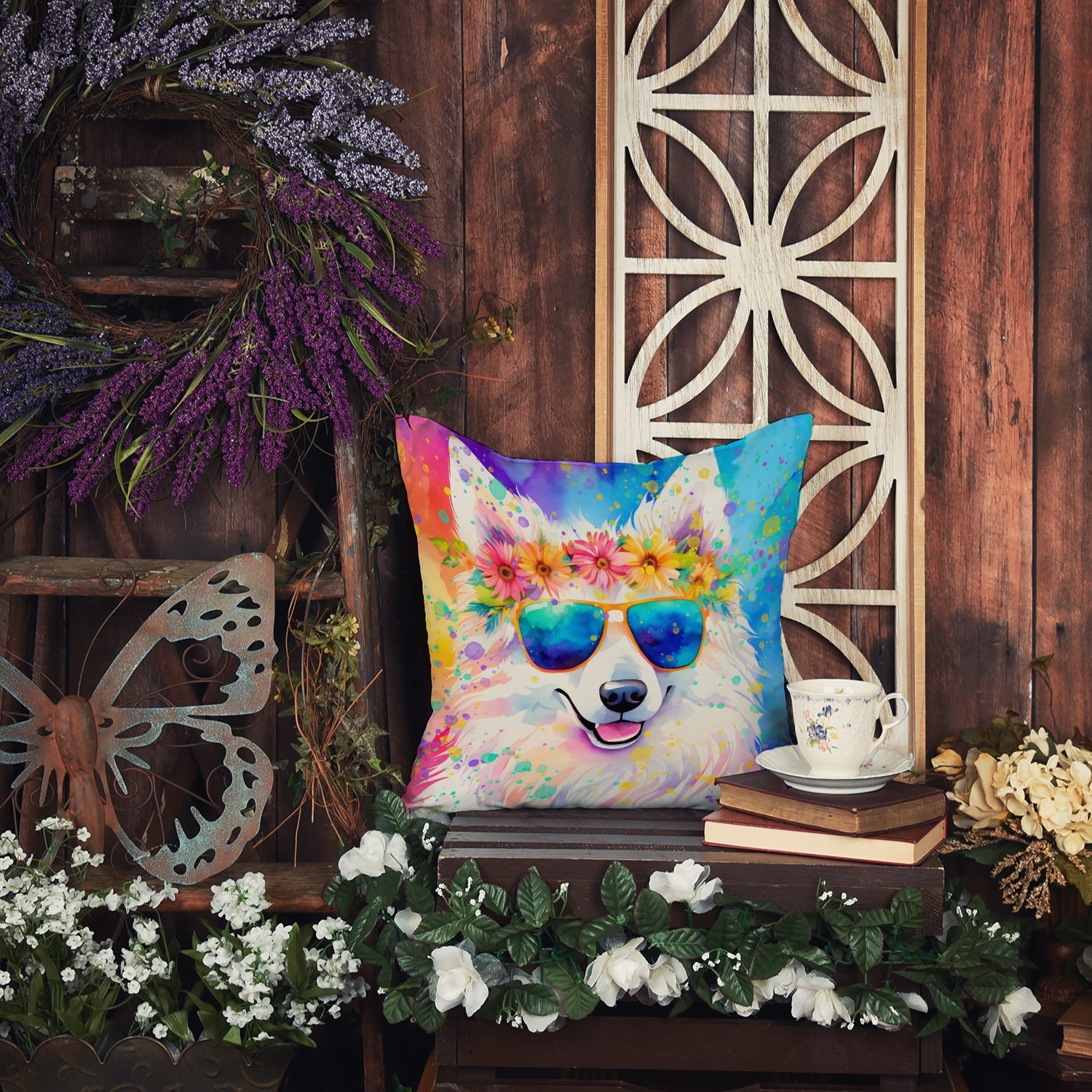 Samoyed Hippie Dawg Decorative Throw Pillow 14x14 Indoor Outdoor Accent Cushion, Fabric Cover with Insert for Sofa, Bed, Porch & Living Room