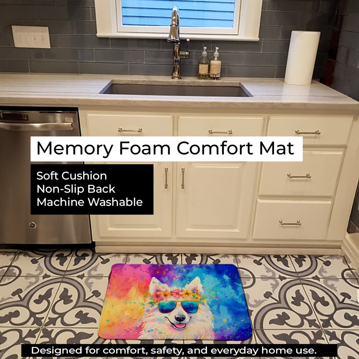 Samoyed Hippie Dawg Memory Foam Kitchen Mat Machine Washable Anti-Fatigue Cushion Comfort Bath or Kitchen Rug