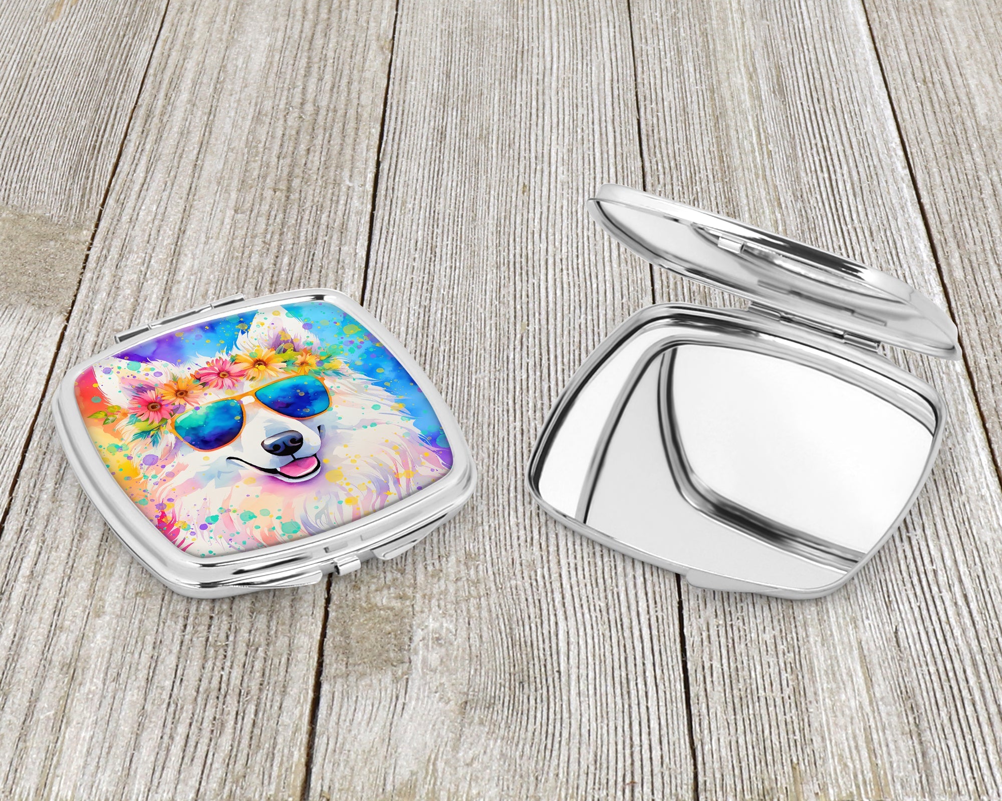 Samoyed Hippie Dawg Compact Mirror Decorative Travel Makeup Mirror for Women Girls Gifts Pocket Makeup Mirror Folding Handheld