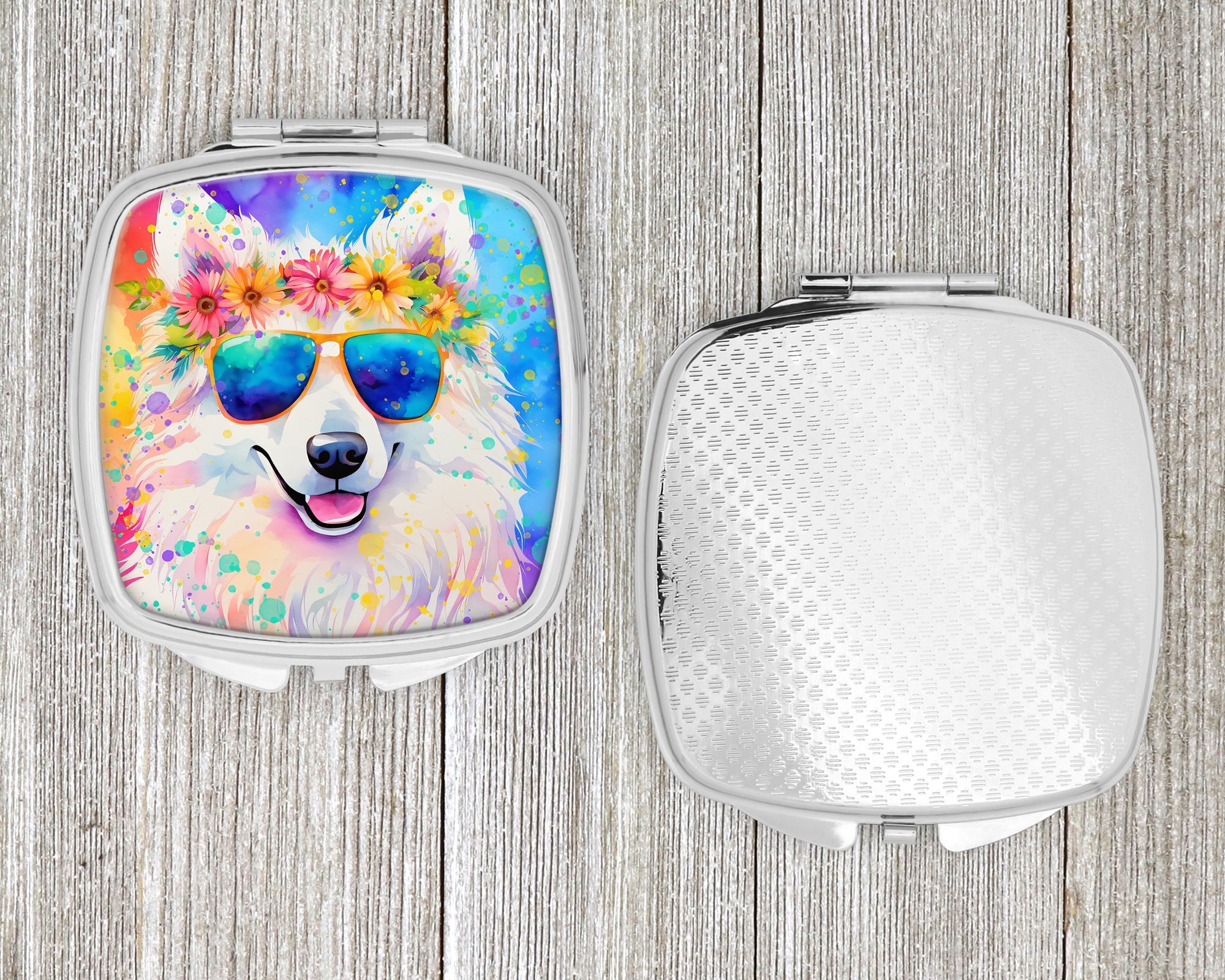 Samoyed Hippie Dawg Compact Mirror Decorative Travel Makeup Mirror for Women Girls Gifts Pocket Makeup Mirror Folding Handheld