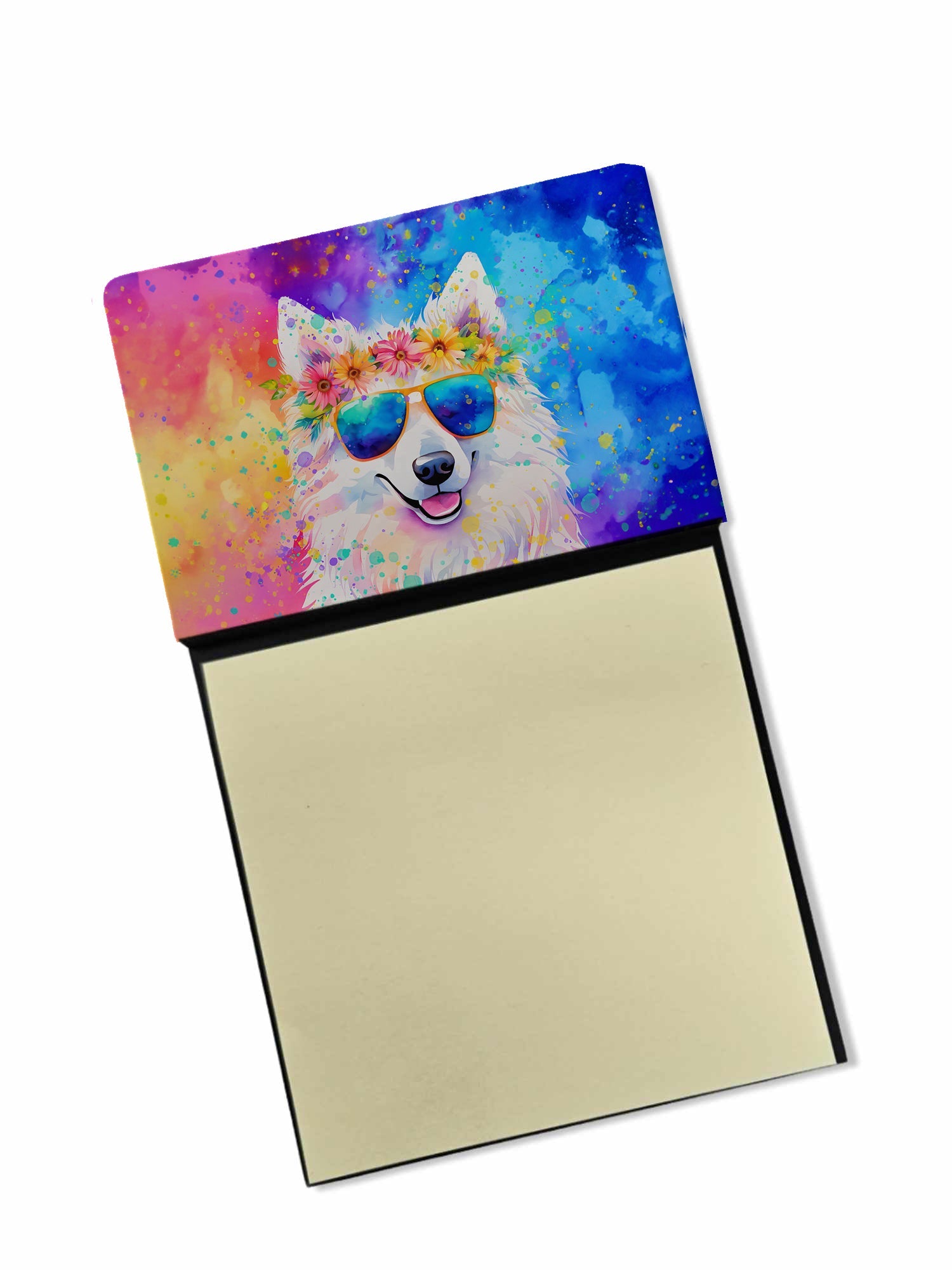 Samoyed Hippie Dawg Watercolor Sticky Note Holder Refillable Dispenser Desk Accessory 3x3 Pad Gift