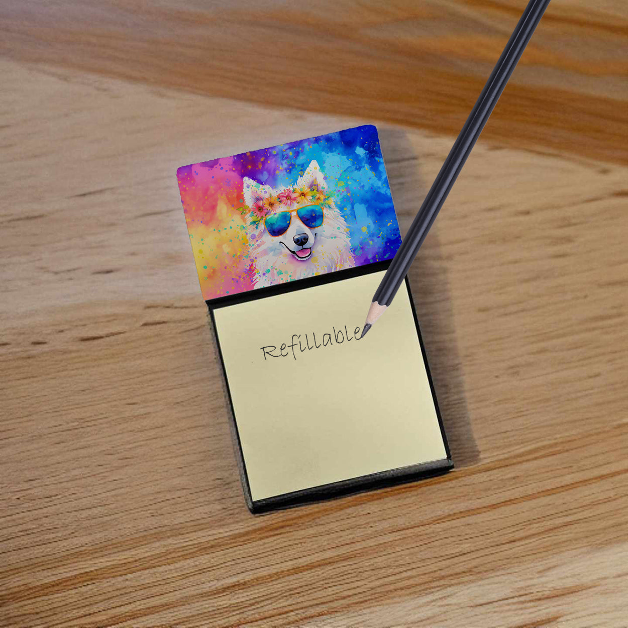 Samoyed Hippie Dawg Watercolor Sticky Note Holder Refillable Dispenser Desk Accessory 3x3 Pad Gift