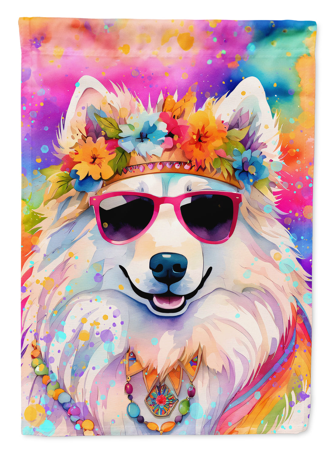 Samoyed Hippie Dawg House Flag 28x40 Porch Sleeve Pole Decorative Outside Yard Banner Artwork Wall Hanging, Polyester