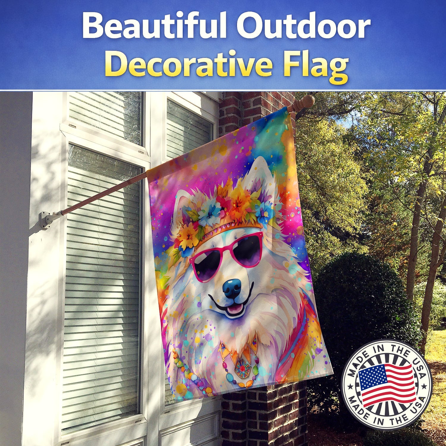 Samoyed Hippie Dawg House Flag 28x40 Porch Sleeve Pole Decorative Outside Yard Banner Artwork Wall Hanging, Polyester