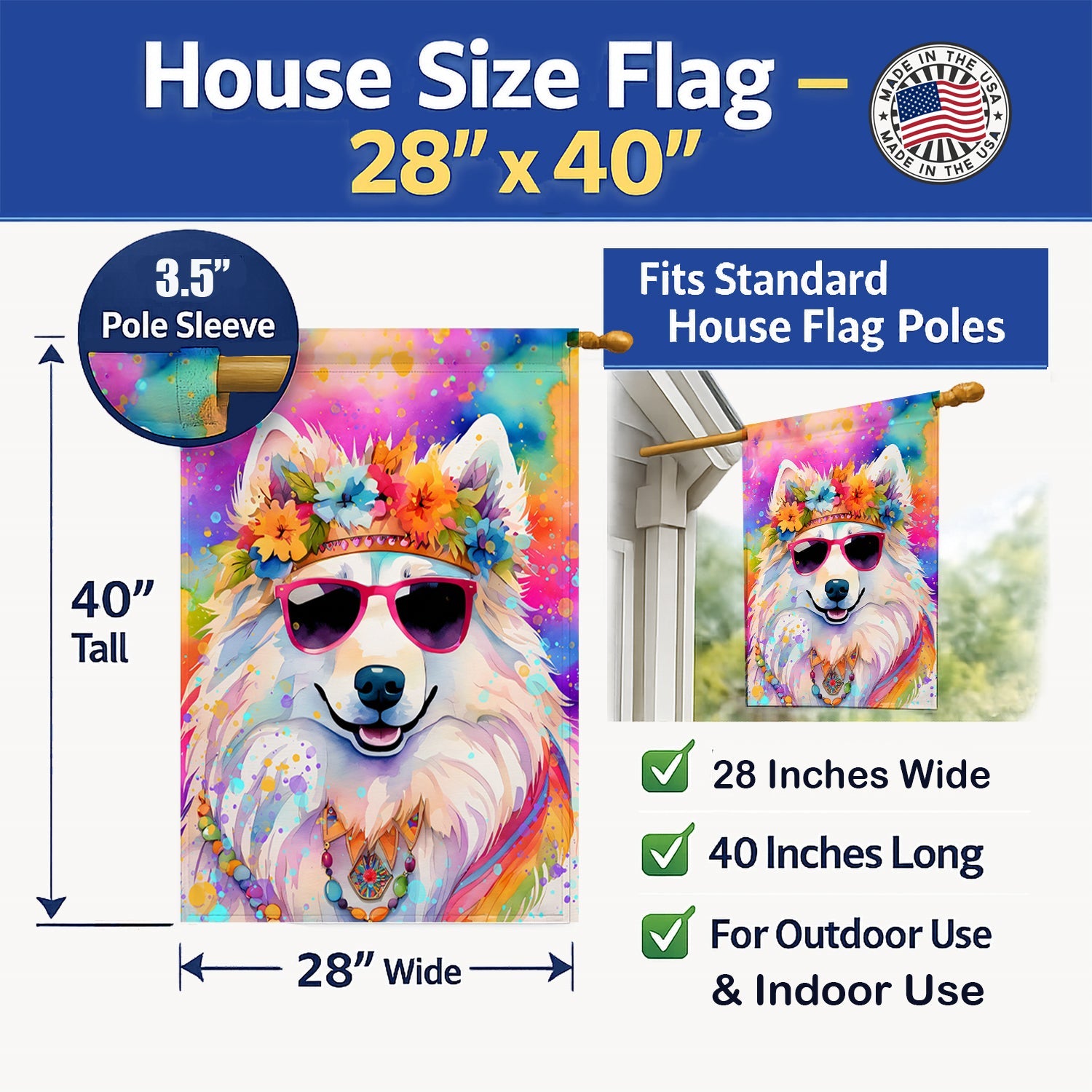 Samoyed Hippie Dawg House Flag 28x40 Porch Sleeve Pole Decorative Outside Yard Banner Artwork Wall Hanging, Polyester