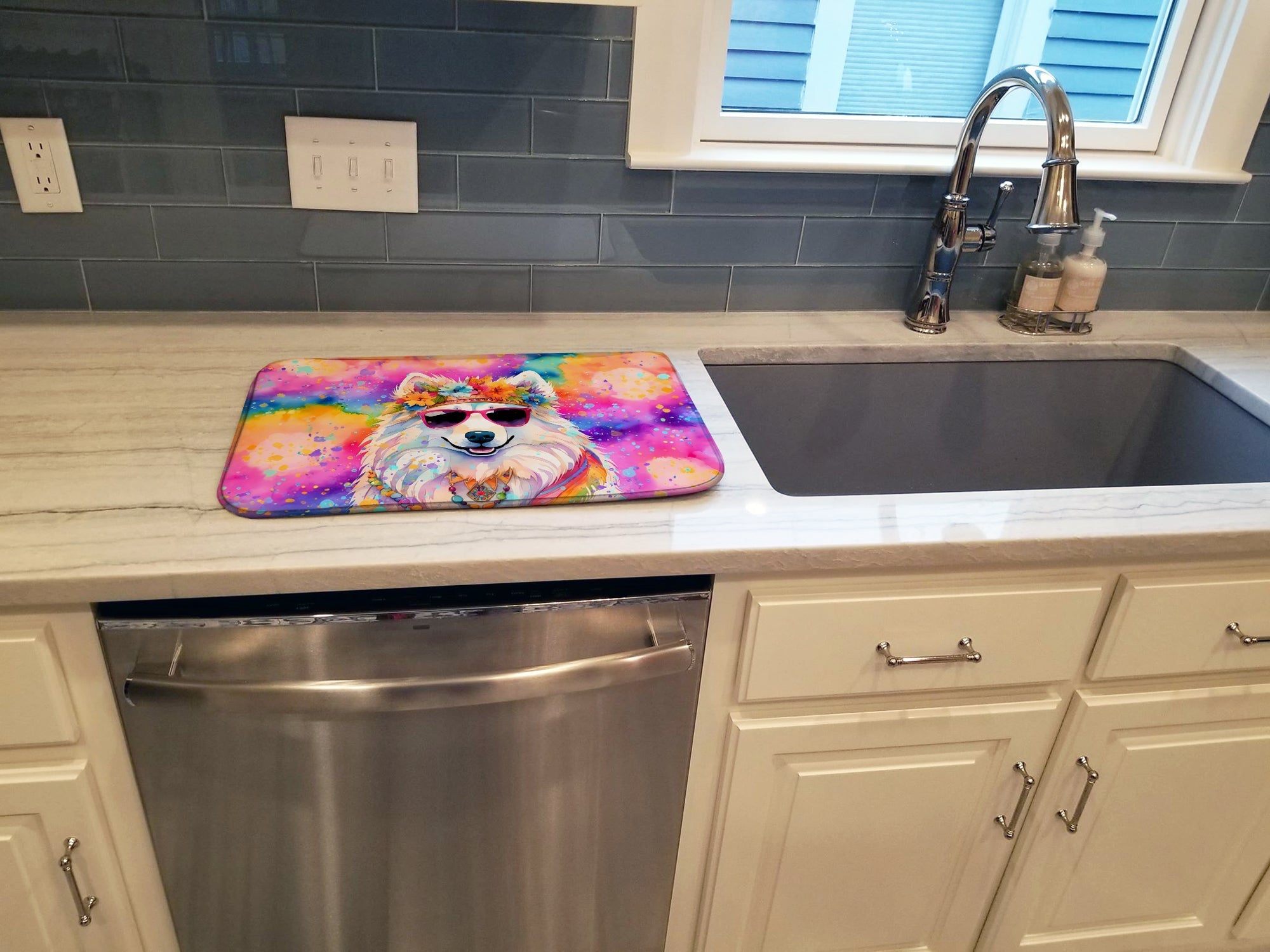 Samoyed Hippie Dawg Dish Drying Mat Absorbent Dish Drying Mat Pad for Kitchen Counter Dish Drainer Mat for Countertop, 14 x 21", Multicolor
