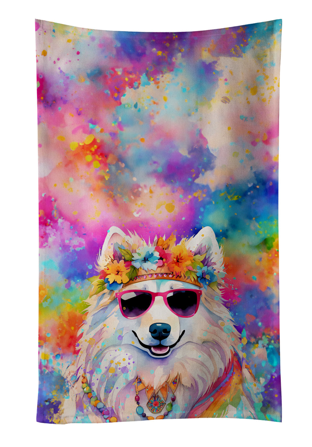 Samoyed Hippie Dawg Kitchen Towel Velour Plush Front and Cotton Loop Back Machine Washable