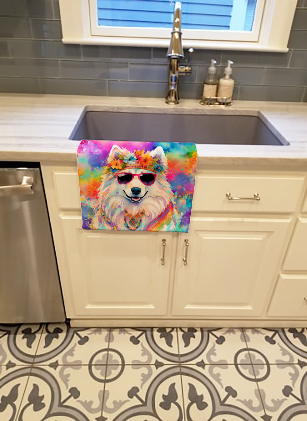 Samoyed Hippie Dawg Kitchen Towel Velour Plush Front and Cotton Loop Back Machine Washable