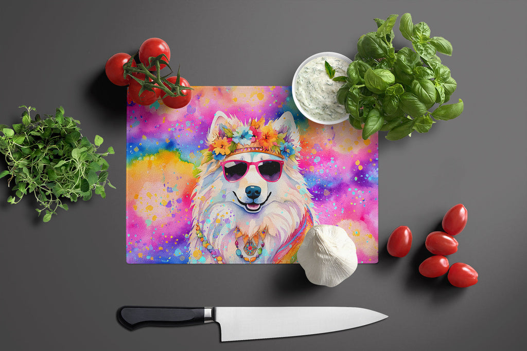 Samoyed Hippie Dawg Cutting Board Tempered Glass Kitchen Cutting Surface, Heat Resistant Chopping, Non-Slip Feet, Food Prep & Serving