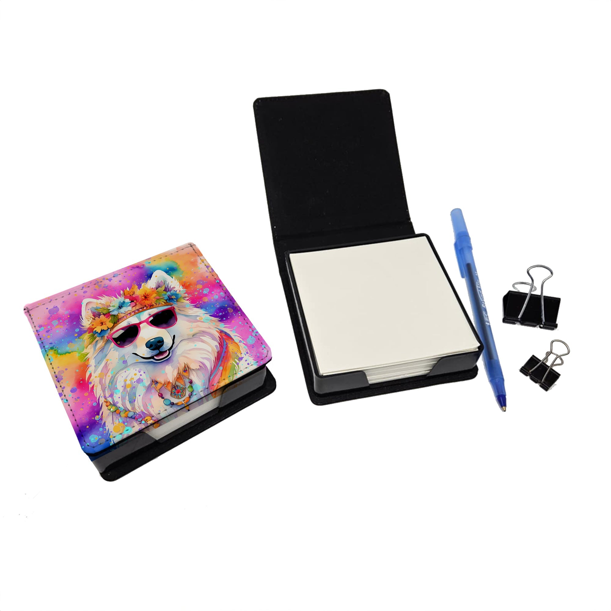 Samoyed Hippie Dawg PU Leather Note Paper Holder with Artist-Designed Cover, Desk Accessory, Office Gift