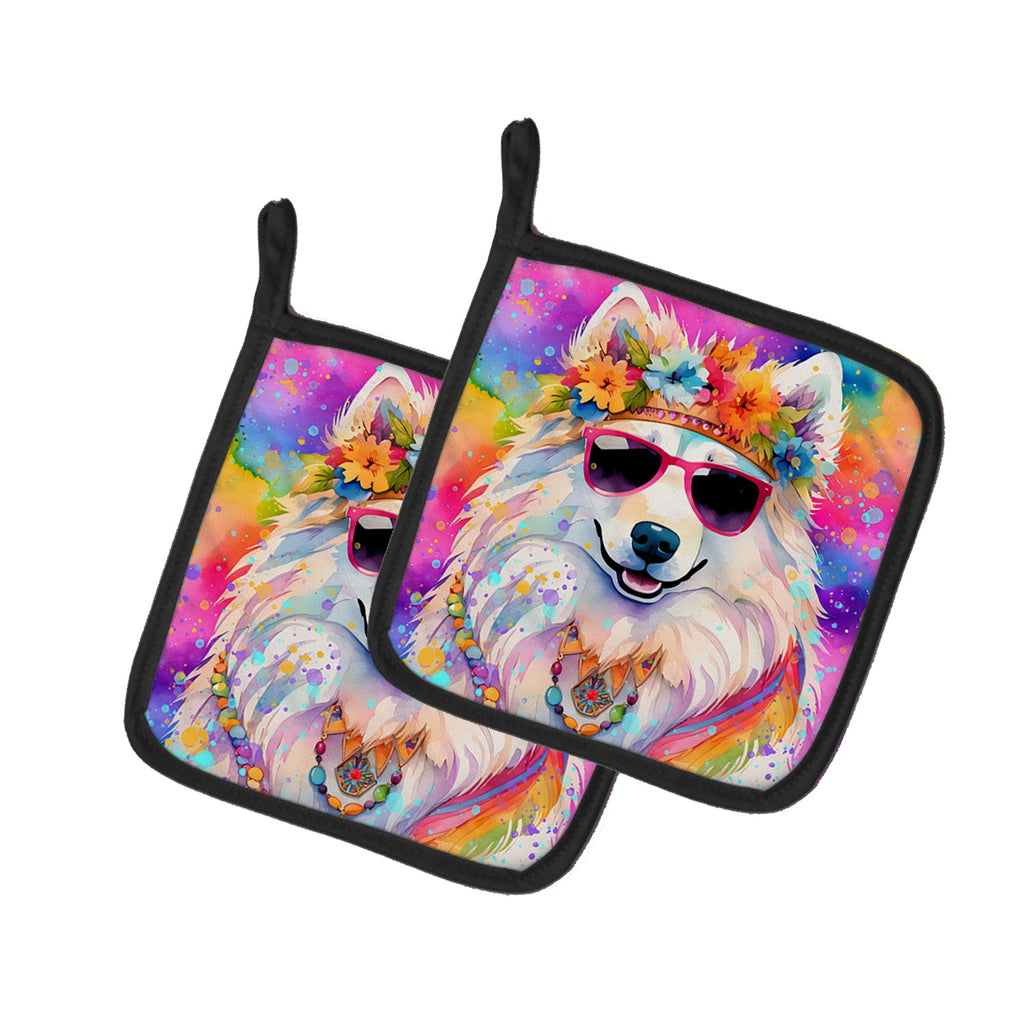 Samoyed Hippie Dawg Pot Holder Set of 2 Heat Resistant Quilted Hot Pads 7.5 x 7.5 Inch, Insulated Kitchen Trivets for Cooking & Baking