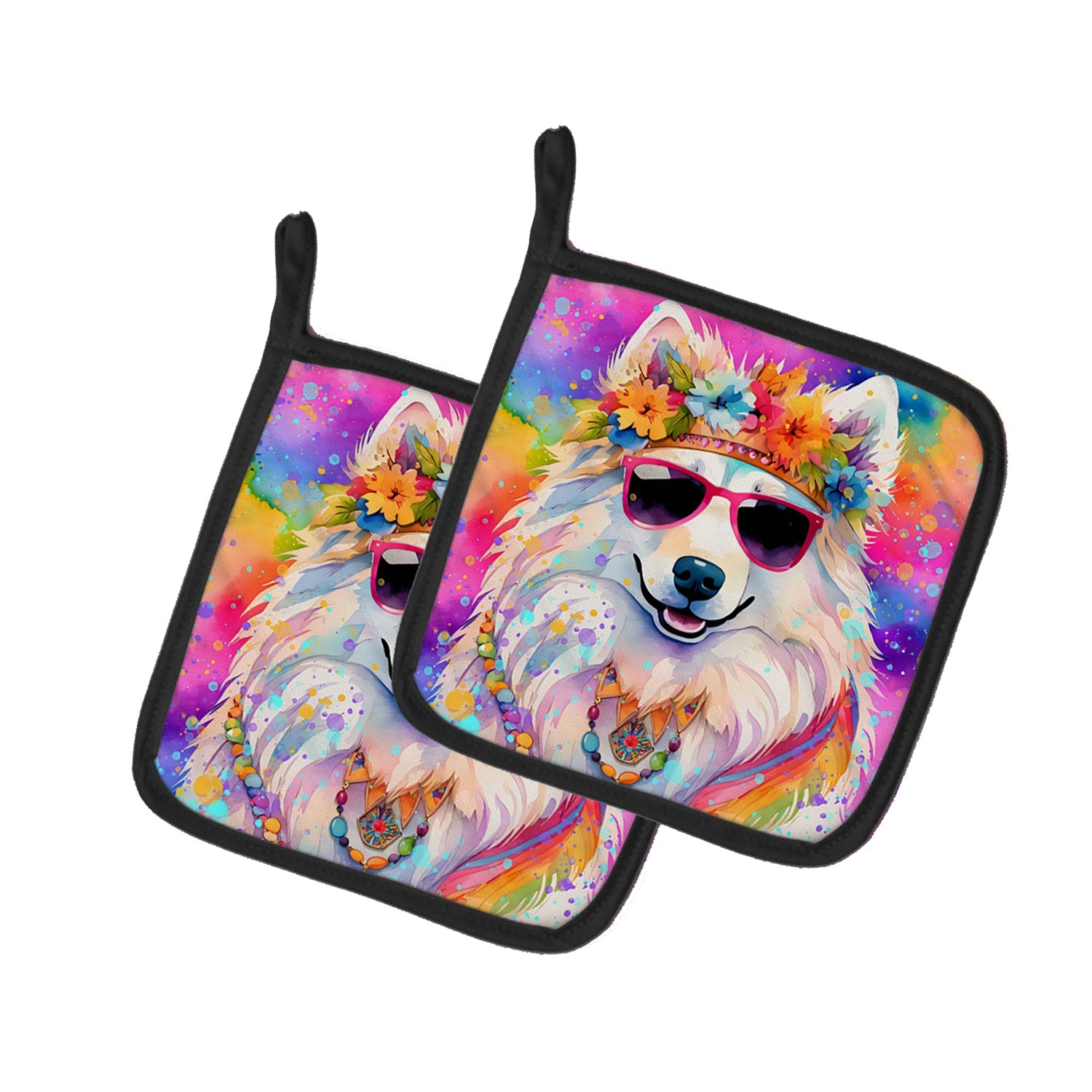 Samoyed Hippie Dawg Pot Holder Set of 2 Heat Resistant Quilted Hot Pads 7.5 x 7.5 Inch, Insulated Kitchen Trivets for Cooking & Baking