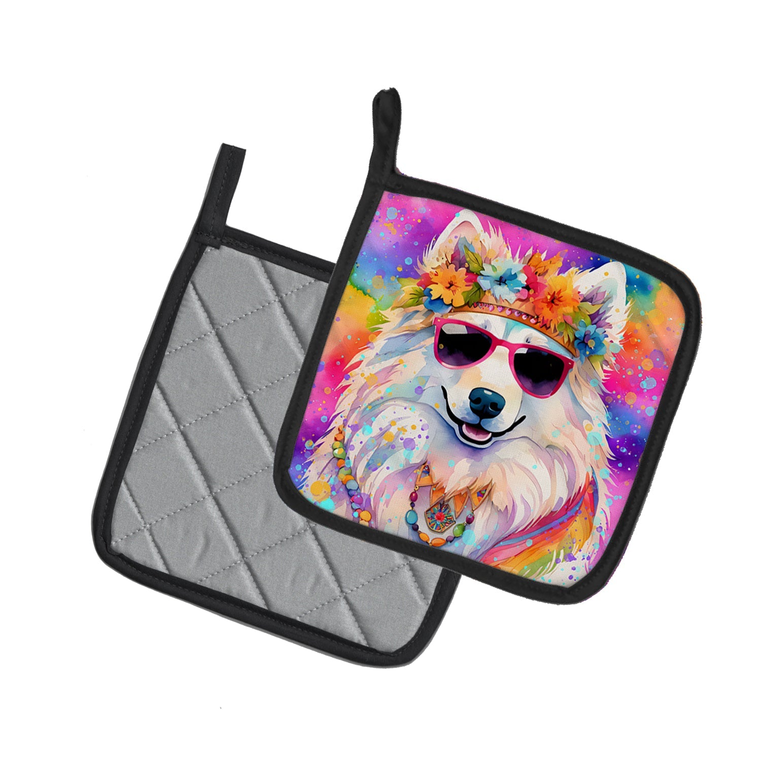 Samoyed Hippie Dawg Pot Holder Set of 2 Heat Resistant Quilted Hot Pads 7.5 x 7.5 Inch, Insulated Kitchen Trivets for Cooking & Baking