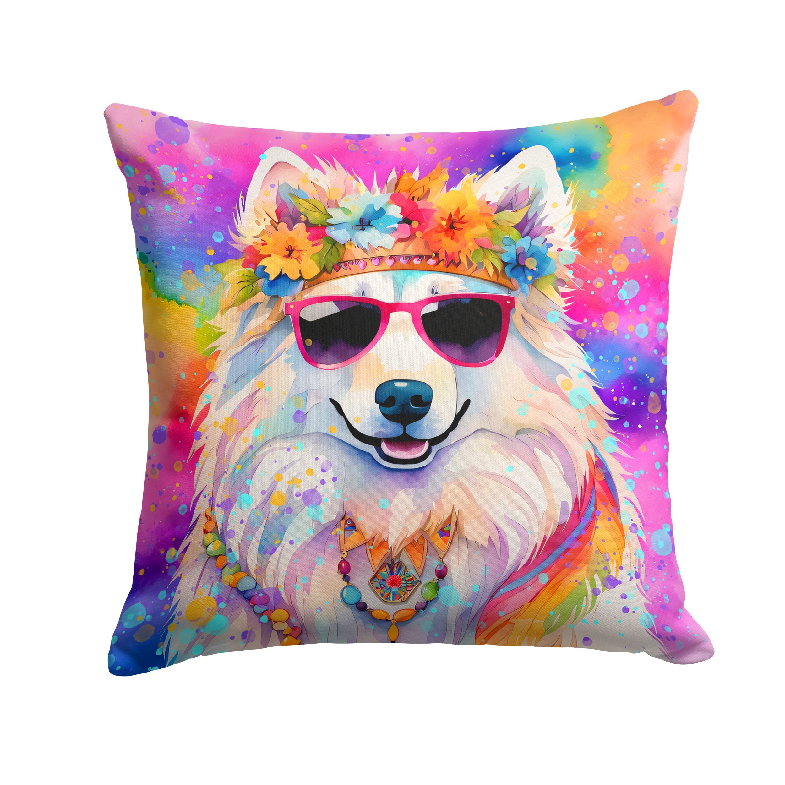 Samoyed Hippie Dawg Decorative Throw Pillow 14x14 Indoor Outdoor Accent Cushion, Fabric Cover with Insert for Sofa, Bed, Porch & Living Room