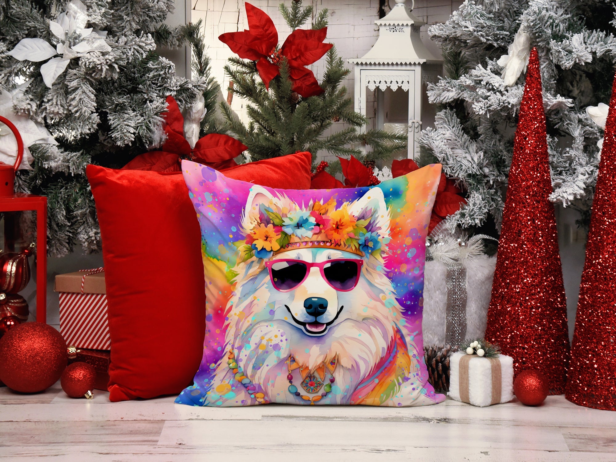 Samoyed Hippie Dawg Decorative Throw Pillow 14x14 Indoor Outdoor Accent Cushion, Fabric Cover with Insert for Sofa, Bed, Porch & Living Room