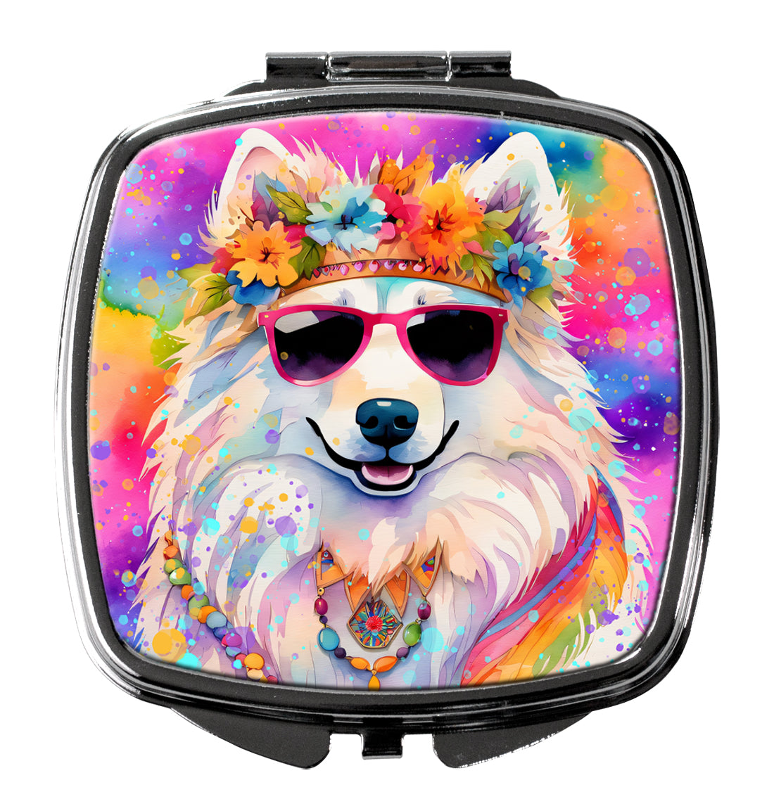 Samoyed Hippie Dawg Compact Mirror Decorative Travel Makeup Mirror for Women Girls Gifts Pocket Makeup Mirror Folding Handheld