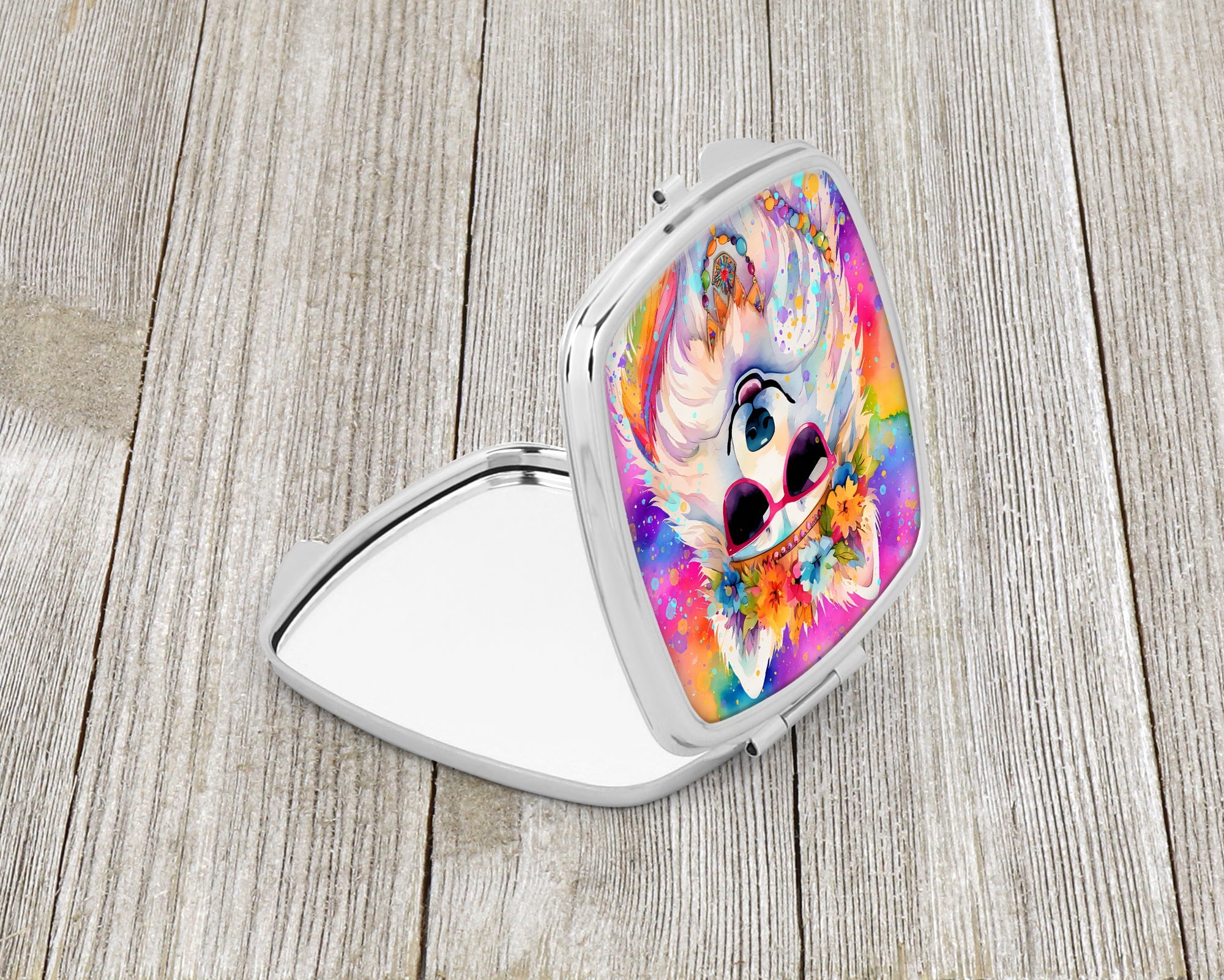 Samoyed Hippie Dawg Compact Mirror Decorative Travel Makeup Mirror for Women Girls Gifts Pocket Makeup Mirror Folding Handheld