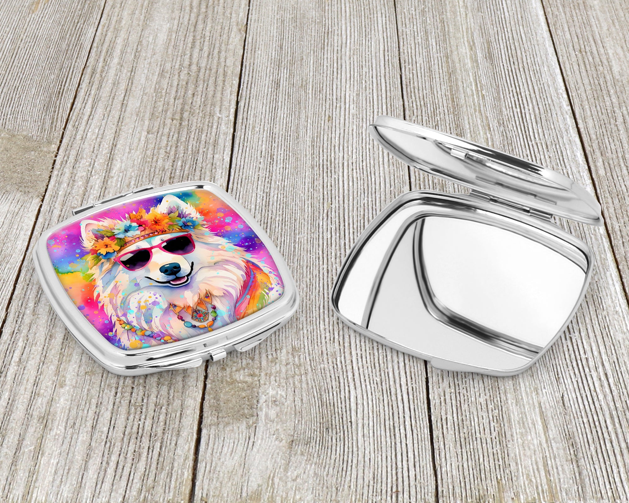 Samoyed Hippie Dawg Compact Mirror Decorative Travel Makeup Mirror for Women Girls Gifts Pocket Makeup Mirror Folding Handheld
