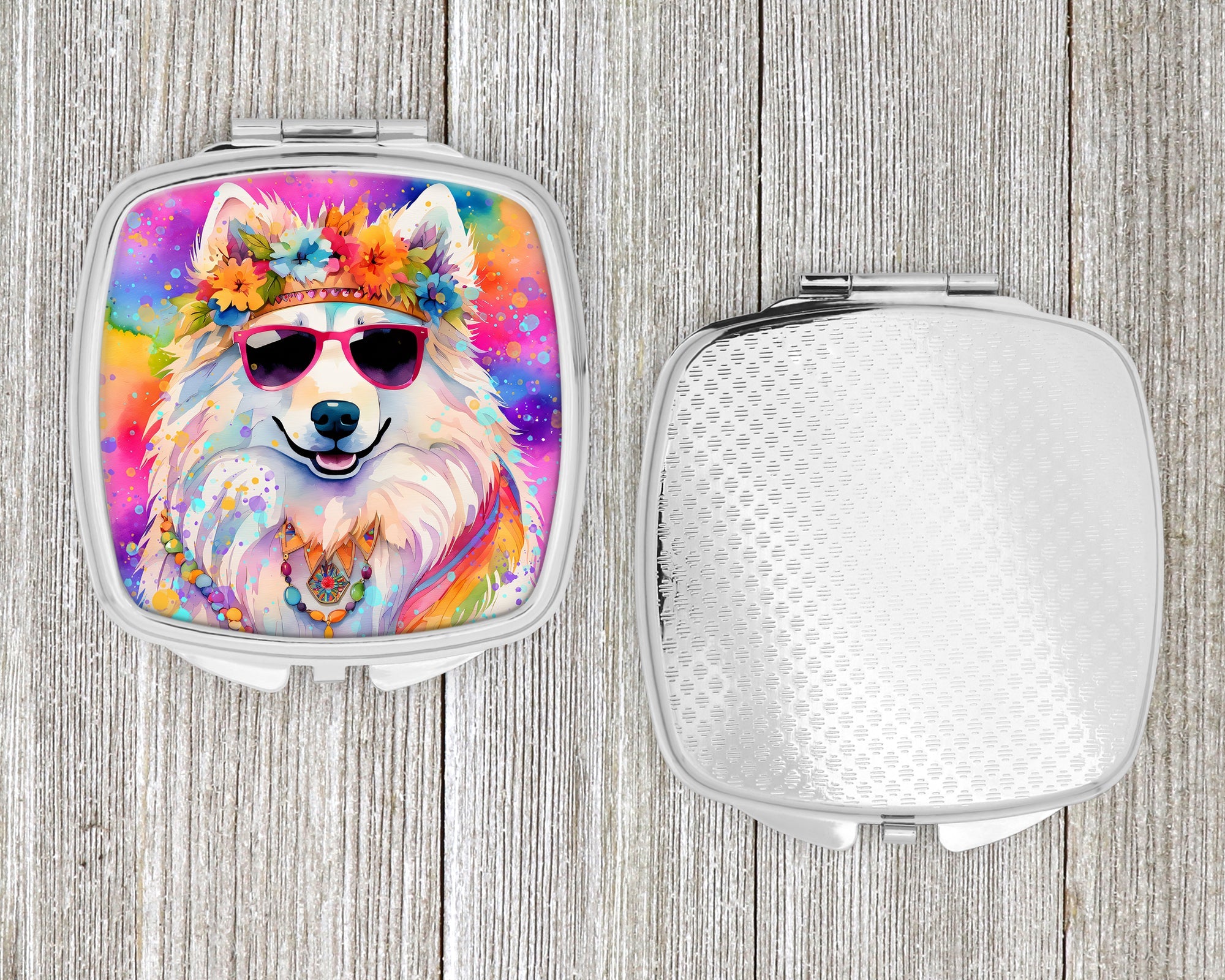 Samoyed Hippie Dawg Compact Mirror Decorative Travel Makeup Mirror for Women Girls Gifts Pocket Makeup Mirror Folding Handheld