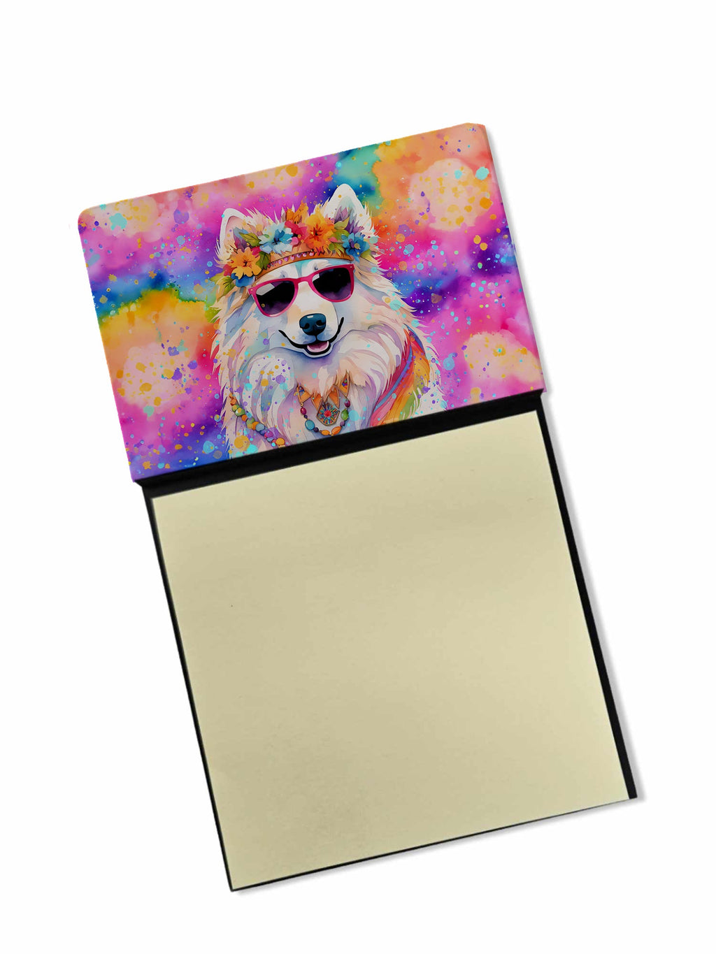 Samoyed Hippie Dawg Watercolor Sticky Note Holder Refillable Dispenser Desk Accessory 3x3 Pad Gift