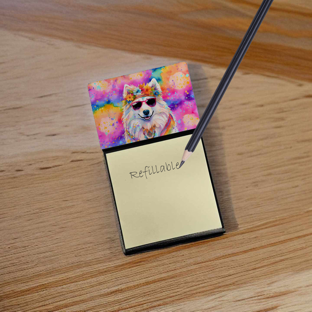 Samoyed Hippie Dawg Watercolor Sticky Note Holder Refillable Dispenser Desk Accessory 3x3 Pad Gift