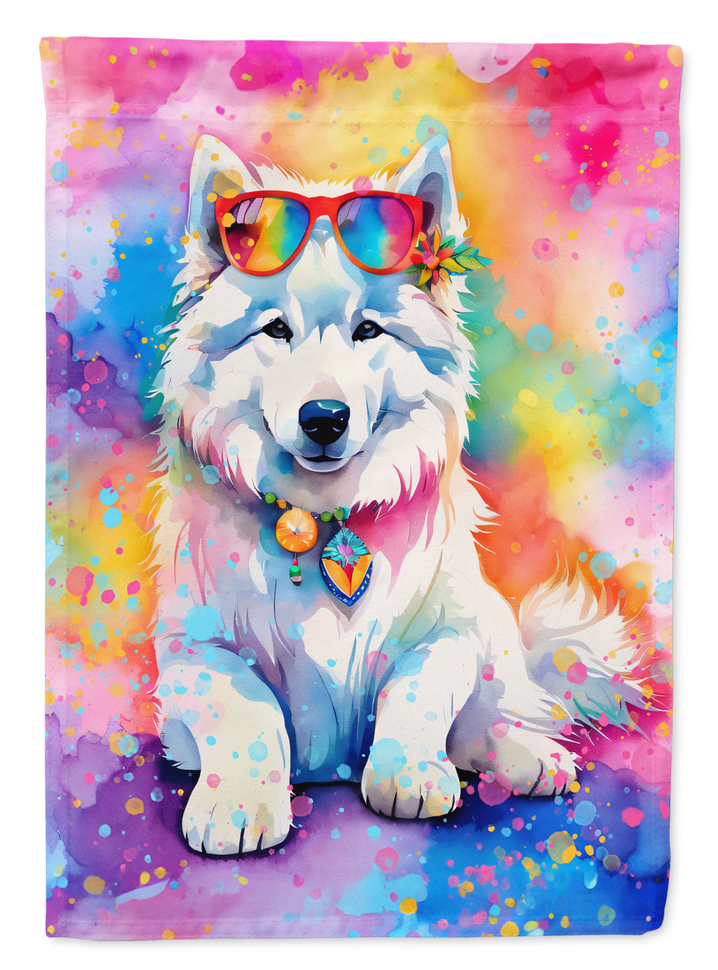 Samoyed Hippie Dawg House Flag 28x40 Porch Sleeve Pole Decorative Outside Yard Banner Artwork Wall Hanging, Polyester