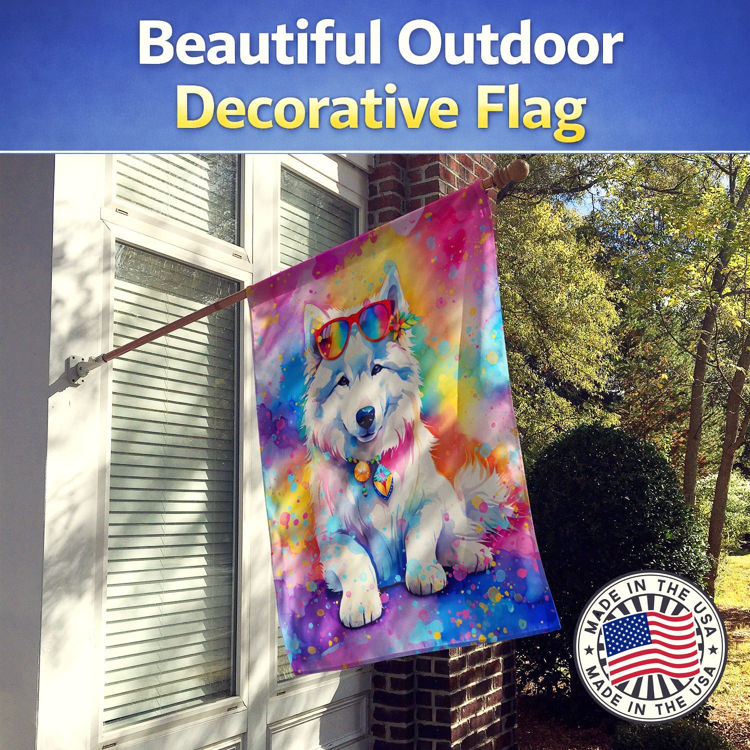 Samoyed Hippie Dawg House Flag 28x40 Porch Sleeve Pole Decorative Outside Yard Banner Artwork Wall Hanging, Polyester