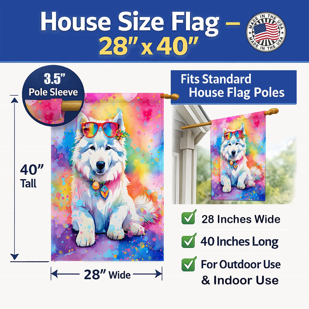 Samoyed Hippie Dawg House Flag 28x40 Porch Sleeve Pole Decorative Outside Yard Banner Artwork Wall Hanging, Polyester