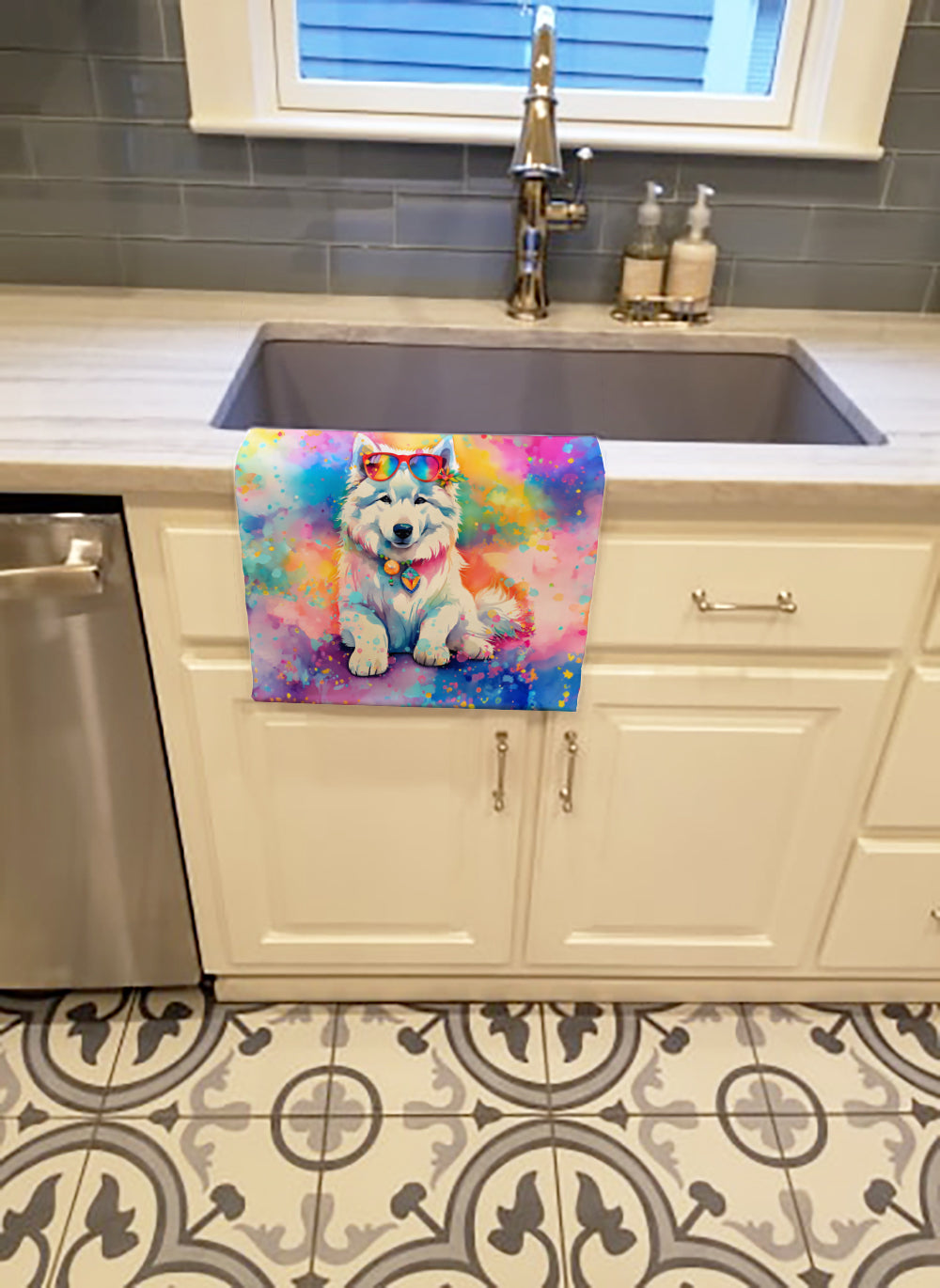 Samoyed Hippie Dawg Kitchen Towel Velour Plush Front and Cotton Loop Back Machine Washable