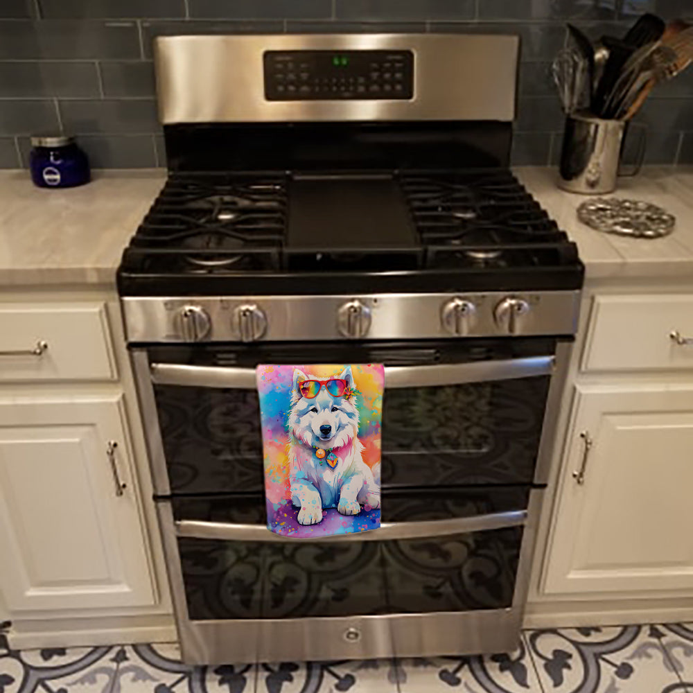 Samoyed Hippie Dawg Kitchen Towel Velour Plush Front and Cotton Loop Back Machine Washable