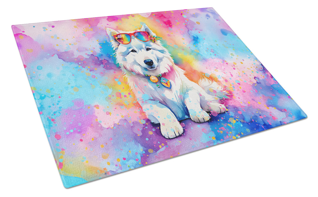 Samoyed Hippie Dawg Cutting Board Tempered Glass Kitchen Cutting Surface, Heat Resistant Chopping, Non-Slip Feet, Food Prep & Serving